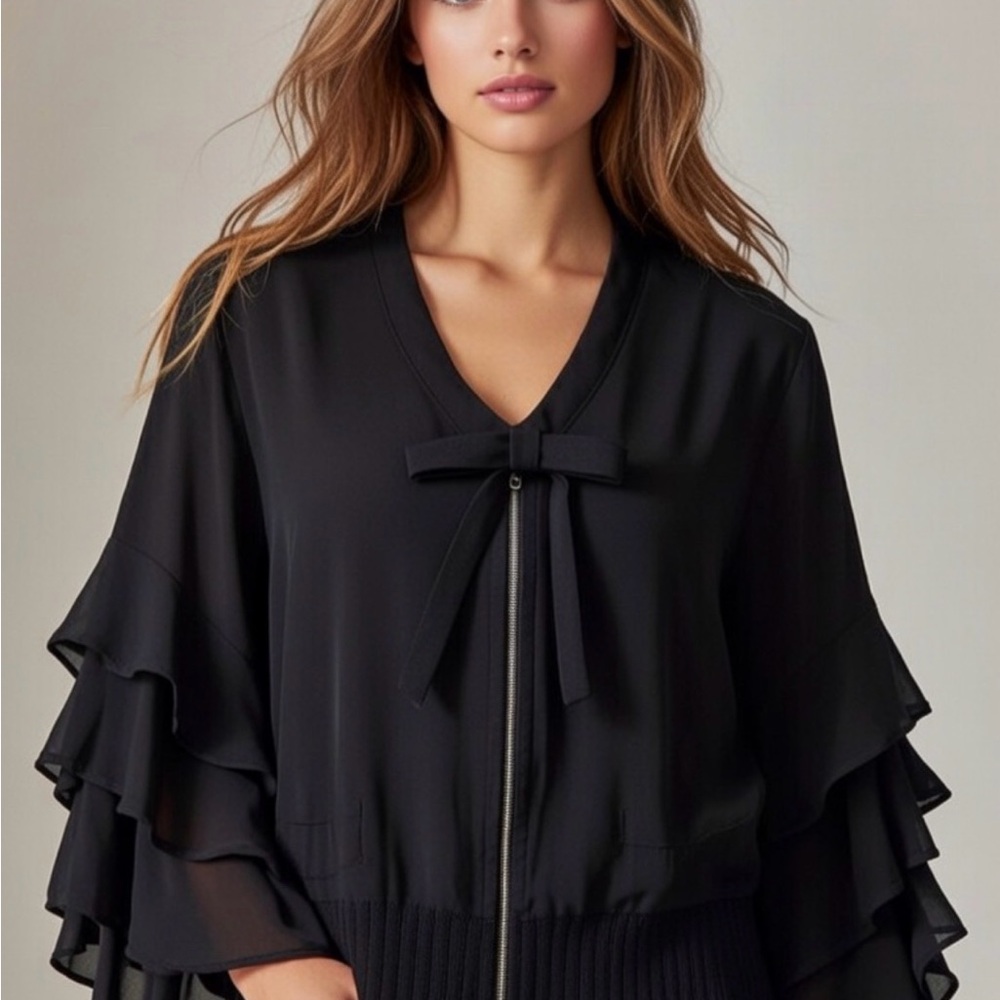 New Gracia Black Ruffle Sleeve V-Neck Zip Blouse Top - Picture 7 of 15